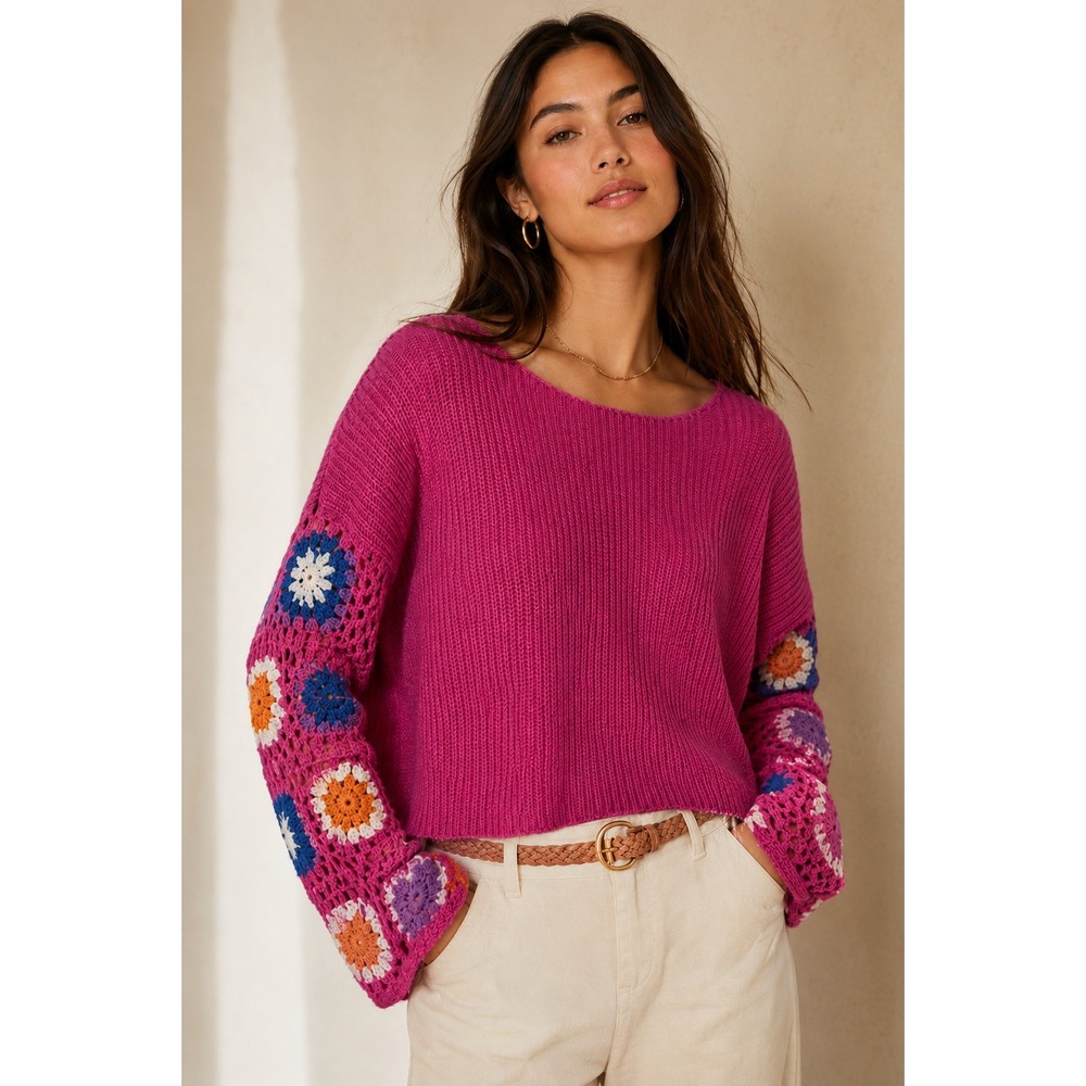 Altar'd State Pink Crochet Sleeve Sweater Granny Square Boho Crop Knit‎ Size S